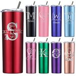 Personalized Skinny Tumblers with Name Lid and Straw Custom Insulated Coffee Tumbler Customized Birthday Mother's Father's Day Gifts for Men Women Stainless Steel, 20 Oz Initial