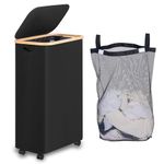 iEGrow Laundry Basket with Lid 75L, Slim Washing Basket with Wheels and Bamboo Handle, Laundry Hamper with Removable and Washable Inner Bag for Laundry Room Bedroom Bathroom (Black)