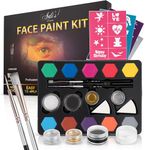 Face Paint Kit for Kids - 12 Water Based, Quick Dry, Non-Toxic Sensitive Skin Paints, 2 Glitters - 2 Sponge Applicators, 2 Professional Paint Brushes, 40 Stencils, Fun and Easy to Do