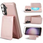 MONASAY Magwallet Case Fit for Samsung Galaxy S24 6.2 inch,[Wireless Charging][Lens & Glass Screen Protector Included] PU Leather Flip Magnetic Phone Cover with Detachable Card Holder, Rosegold