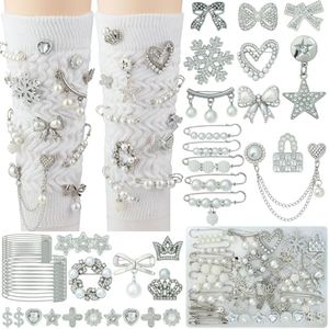 DoDoBeads 55 Pcs Silver Shoe Charms for Sneakers, Silver Junk Socks Charms Kit, Pearl and Rhinestone Sock Charm with Safety Pins, DIY Accessories for Decorating and Personalizing Socks Shoes Hats