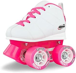 Crazy Skates Rocket Roller Skates for Girls and Boys - Available in Adjustable or Fixed Sizes - Great Beginner Kids Quad Skates - White/Pink (Size: Kids j12)