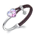 SUE'S SECRET Purple Pink Heart Crystal Leather Bangle Bracelet Unique Gift for Mom Anniversary Valentine's Day for Women Birthday Christmas Mother's Day