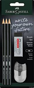 FABER-CASTELL Exam 111183 Lot de 3 crayons à papier Dureté HB 1111 avec taille-crayon et gomme Noir