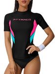 ATTRACO Women's Rash Vest Short Sleeve Rash Guard UV Swim Shirt Summer Surf Tops Swimming Tops Ladies Swimwear M