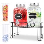 Glass Drink Dispenser(Set of 2),3.8L/1 Gallon Drink Dispensers for Parties with Spigot,Stand,Ice Cylinder & Fruit Infuser,Water Dispenser Beverage Dispenser for Sun Tea Jar,Juice Container