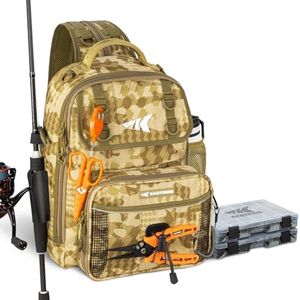 KastKing BaitSpace Fishing Tackle Bag, Water-resistant Tackle Storage with 2 Black Camo Tackle Boxes & Detachable Soft Bait Binder, Adjustable Backpack for Bank, Wading, & Boat Fishing