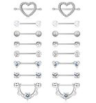 FINREZIO 6-8 Pairs 14G Nipple Rings 316L Surgical Steel Heart CZ Tongue Barbell Body Piercing Shield Ring Set 5/8 Inches