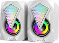 NJSJ Stereo 2.0 Computer Speakers for Desktop, USB-Powered PC Speakers with 3.5mm Aux input, Mini Gaming Speaker with Colorful RGB Lights, for PC, Desktop, Laptop, Smartphone, MAC (White)