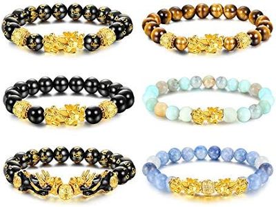 sailimue 6 Pcs Feng Shui Pixiu Good Luck Bracelets for Men Women Natural Stone Tiger Eye Bead Bracelet Pi Yao Chinese Dragon Charm Adjustable Feng Shui Black Obsidian Wealth Bracelet Set, 7 inches,