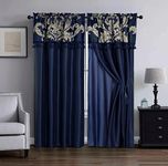 Chezmoi Collection Royale 4-Piece Jacquard Floral Window Curtain/Drape Set with Sheer Backing Valance Tassels, Navy/Gold