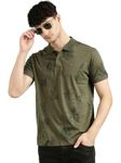 JOVEN Mens Olive Printed Polo Neck Half Sleeve Regular Fit Mercerised Cotton T-Shirt