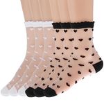 Lusofie 6 Pairs Sheer Socks Transparent See Through Ankle Socks Cute Heart Summeer Thin Mesh Lace Socks for Women Fashion(Black, White), Black, White, One Size