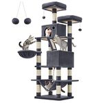 Feandrea Cat Tree, 66.1-Inch Large Cat Tower with 13 Scratching Posts, 2 Perches, 2 Caves, Basket, Hammock, Pompoms, Multi-Level Plush Cat Condo for Indoor Cats, Smoky Gray UPCT165G01