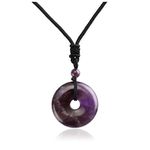 JSDDE Natural Amethyst Crystal Donut Pendant Necklace Reiki Healing Stone Lucky Coin Necklaces for Women Men Gift