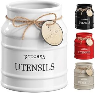 Barnyard Designs Ceramic Farmhouse Utensil Holder for Kitchen Counter, Large Rustic Utensil Crock, Countertop Cooking Tool Organizer, 6.75”, White