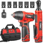 TOPEX 12V Power Tool Twin Kit Cordless Wrenches Impact Wrench with 6 Sockets & 3/8" Electric Ratchet Wrench 300RPM Variable Speed LED Light w/ 2 Lithium-Ion Batteries & 16-inch Multi-Pocket Tool Bag