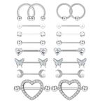 GUSXPPD 9 Pairs Nipple Rings for Women, Stainless Steel Nipple Piercing Set, CZ Barbell Heart Shape Barbell Nipple Bars, Body Piercing Jewelry Set for Women Girls