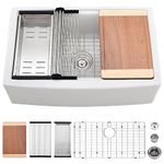 33 Inch Fireclay Farmhouse Sink Workstation -VASOYO 33 x 21 White Farmhouse Sink Apron Front Farm Sink Kitchen Sink Workstation Fireclay Ceramic Porcelain Deep Single Bowl Farm Sink with Cutting Board