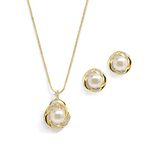 Mariell Freshwater Pearl Gold Wedding Necklace Earrings Set for Brides, Bridesmaids, Birthday Gift, Cubic Zirconia, Freshwater Pearl, Gold-plated, Cubic Zirconia