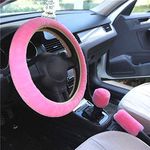 Fluffy Steering Wheel Cover Set,3 Pcs 1 Set Winter Warm fuzzy Steering Wheel Cover Handbrake Cover Gear Shift Cover Universal Plush Non-Slip Interior Accessories for Car,Truck,SUV, 15" (Pink)