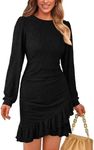 PRETTYGARDEN Women's Fall Ruched Bodycon Mini Dress Long Puff Sleeve Ruffle Fitted Cocktail Party Dresses (Black,Small)