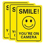 3Pack Smile You're On Camera Video Surveillance Signs 10x7 Inches Anti Rust Aluminum UV Protected Reflective Signs for Home Business CCTV Security Camera Outdoor