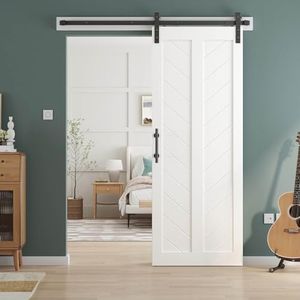 EaseLife 32in x 84in Sliding Barn Door with 5.5FT Barn Door Hardware Track Kit Included,Solid MDF Slab Covered with Water-Proof & Scratch-Resistant PVC Surface,DIY Assembly,Easy Install,White,V Frame