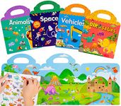 Reusable Sticker Books Toys for Kids - 4 Pack Stickers Books for Age 2 3 4 Year Old Boys Girls Toddlers, 3D Clear Animal Space Vehicles Dinosaur Sticker Book Educational Learning Toy Birthday Gifts