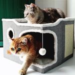 Spindro Large Cat Bed for Indoor Cats, Foldable Adult Cat Cave Anti Anxiety Cat House Cube with Scratch Pad Cat Towers, Cute Kitten Condo Hideaway Hut with Soft Pillow Mat for Pets Under 30 lbs