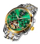 OLEVS Mens Watch Automatic Mechanical Skeleton Winding Moon Phase Green Face Stainless Steel Two Tone Date Calendar Waterproof Luminous