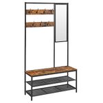 VASAGLE Coat Rack with Shoe Storage, Coat Stand for Hallway with Mirror, Hooks, Bench, and Shoe Shelves, 35 x 98 x 180 cm, Hallway Bedroom Entryway, Industrial, Rustic Brown and Ink Black HSR415B01