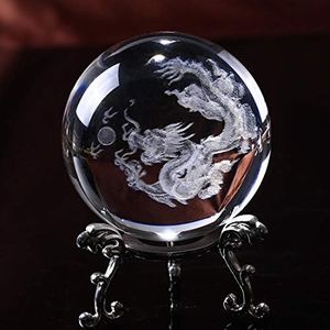 HDCRYSTALGIFTS Crystal 2.4 inch (60mm) Chinese Dragon Crystal Ball with Sliver-Plated Flowering Stand,Fengshui Glass Loong Ball Home Decoration