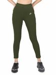 Mehrang Stretchable Yoga Pants for Women & Gym Pants for Women Workout with Mesh Insert & Side Pockets (in, Alpha, XL, Olive)