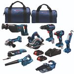 Bosch GXL18V-901B25 18V 9-Tool Combo Kit 2-in-1 Bit/Socket Impact Driver, Hammer Drill/Driver, Recip Saw, Circ Saw, Oscillating Tool, Angle Grinder, Vacuum, Worklight, (2) CORE18V 4.0 Ah Batteries