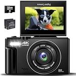 4K Digital Camera for Photography 64MP Auto-Focus Point and Shoot Digital Camera with 180° 3.0 inch Flip Screen 18X Zoom Vlogging Camera for YouTube Compact Video Camera with SD Card, 2 Batteries