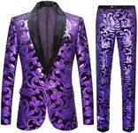 CARFFIV Men Fashionable Floral Pattern Sequins Two Pieces Set Suits, Purple, 3X-Large