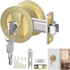 Aglehome Round Pocket Door Lock - Brass Recessed 2 Sided Handle Pull Pocket Door Hardware, Sliding Pocket Door Lock with Key, Pocket Door Latch for Bed/Bath, 2-3/8" Backset, Gold