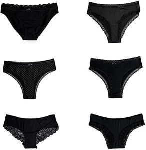 Morvia Varieties of Women Hipster Briefs Boyshorts Bikinis Pack Underwear With Coverage Stretchy Cotton Lacy Panties…, All Black Assorted - 6 Pcs, Medium