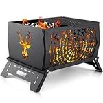 Odoland Wood Fire Pits, Camping Bonfire Stove, Burning Fire Pits for Outside, Rectangle Cast Iron Campfire Pit for Patio Backyard, with Spark Screen Fire Poker Metal Gate Carry Bag,Deershape Version