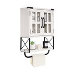 RUSTOWN Farmhouse Medicine Cabinet with Cross Glass Doors, Wood Wall Storage Cabinet, 3-Tier Rustic Bathroom Cabinet with Adjustable Shelves and Towel Bar for Living Room(Vintage White, Small)