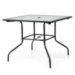 COSTWAY Garden Dining Table, Tempered Glass Top Coffee Tables with Parasol Hole, Metal Frame Patio Bistro End Side Table for Indoor Outdoor, Holds up to 80kg/50kg (Square, 89x89x72cm)