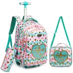 HTgroce School bag with wheels for girls, children's backpack with wheels trolley school backpack girls, school trolley backpacks children's school backpack school bag with wheels, mint green