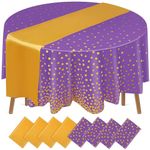 Preboun 4 Sets Satin Table Runner and Plastic Round Tablecloths Set 84 Inch Disposable Gold Polka Dots Table Cover for Wedding Bridal Shower Birthday Party Decorations (Purple,Gold)