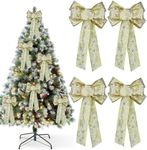 YankMooM 4Pcs Christmas Bows, Glitter Wreaths Bows 31x19cm Gold Christmas Tree Decoration Bows Xmas Decorative Bows with Snowflake Pattern for Christmas Home Party Decorations