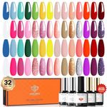 Modelones 32Pcs Gel Nail Polish Set, 28 Colors Summer Neon Gel Polish with Glossy& Matte Gel Top Coat No Wipe Base Coat Nail Primer Glitter Pink Shimmer Colors Nail Polish Gift DIY Home