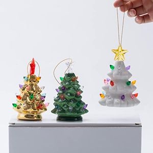 B SEPOR Set of 3 Mini 4.5" Inch Nostalgic LED Christmas Tree with Lights Vintage Ceramic Lighted Hanging Ornaments White Golden Green Assorted for Holiday Decoration and Gifts