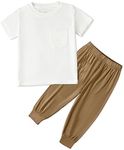 OPAWO Bamboo Baby Clothes Toddler Boy Summer Outfits Pocket Tee Shirts & Jogger Pants 2 Piece Infant Playwear Set 3Months-3T, Off-white/Coffee, 18-24 Months