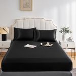 DuShow Fitted Sheet-Deep Pocket Satin Silky Bed Sheet,Breathable Soft and Comfortable-Wrinkle,Fade,Satin and Abrasion Resistant(Single,Black)