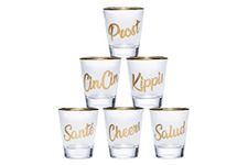 World of Cheers Europe Series, Set of 6 Cute Shot Glasses Bulk (1.5oz / 50ml) Heavy Base Shot Glasses Set, Detailed with Gold Rim Shot Glass, and Typography, an Uplifting Barware Collection